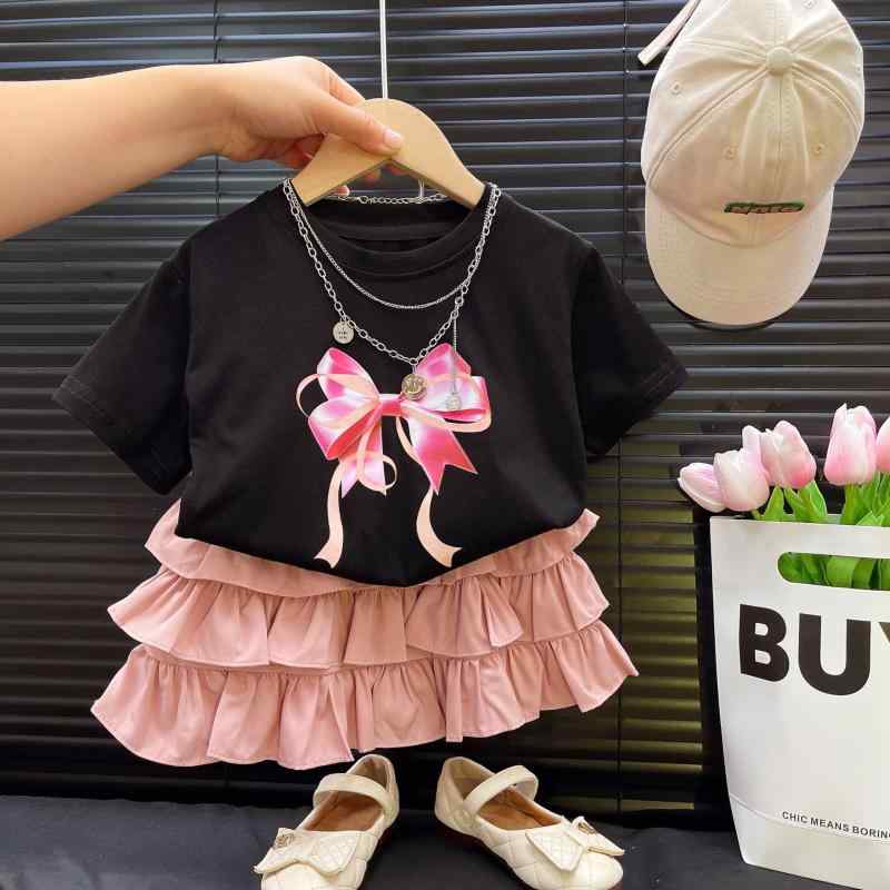 子供服 ガールズ 夏物 上下セット かわいい 蝶結び トップス プリンセス ケーキスカート ブラック 半袖 ポリエステル 100 110 120 130 140cm