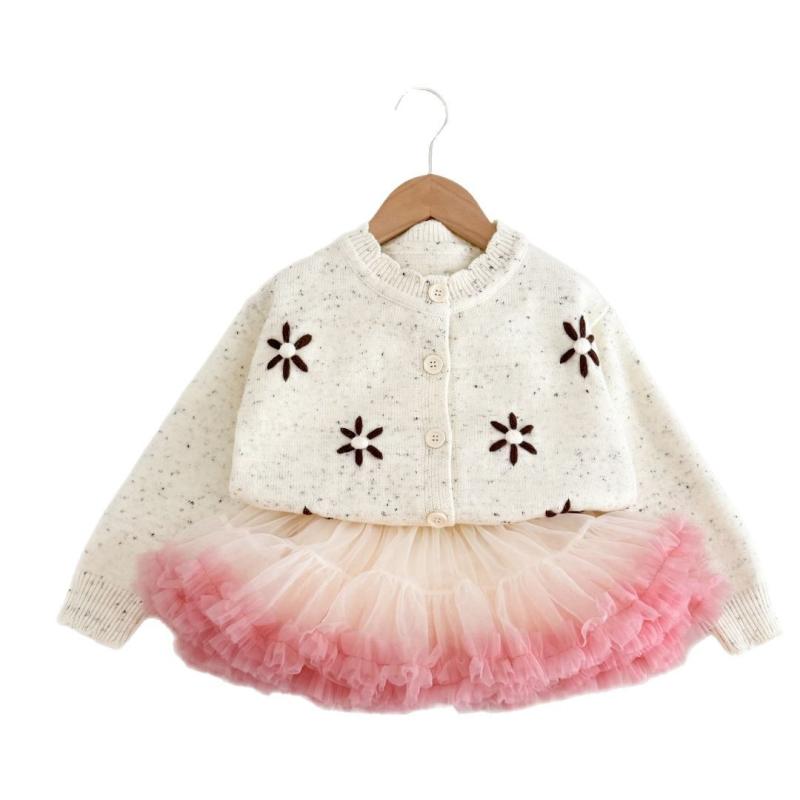 子供服 ニットカーディガン & プリンセススカート セットアップ 女の子 チュールスカート かわいい 長袖 春秋 ピンク系 アイボリー 普段着