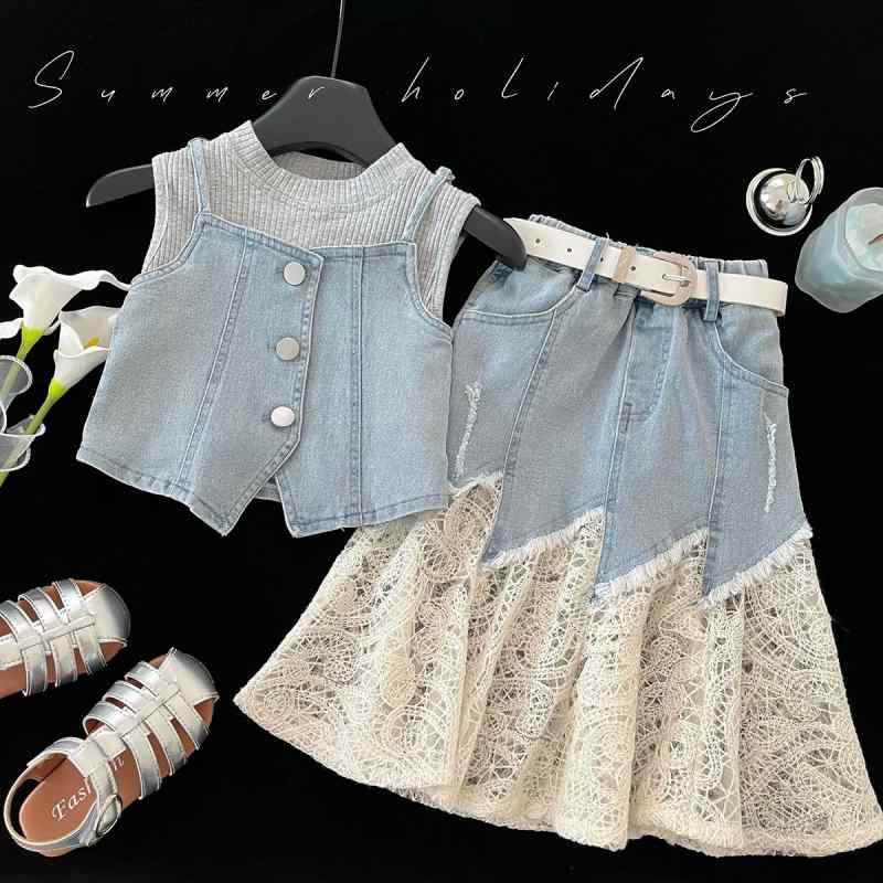 スカート キッズ 女の子 レース デニムスカート セットアップ 子供服 2点セット 高学年 春夏 かわいい ガールズ ジュニア 普段着 通学着