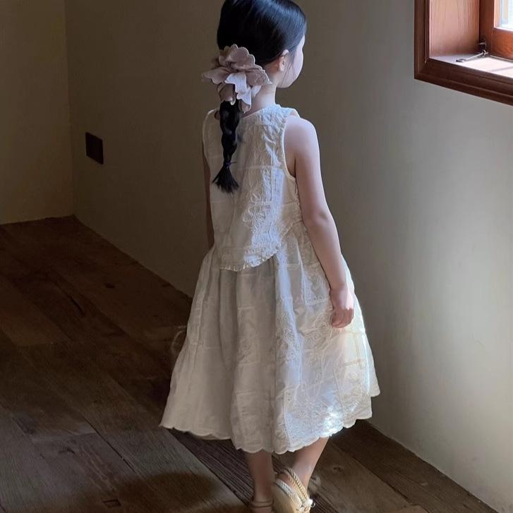 子供用セットアップ ノースリーブワンピース スカート 女の子 夏服 韓国風 刺繍 森ガール ミルクホワイト 90cm 100cm 110cm 120cm 130cm 140cm 150cm