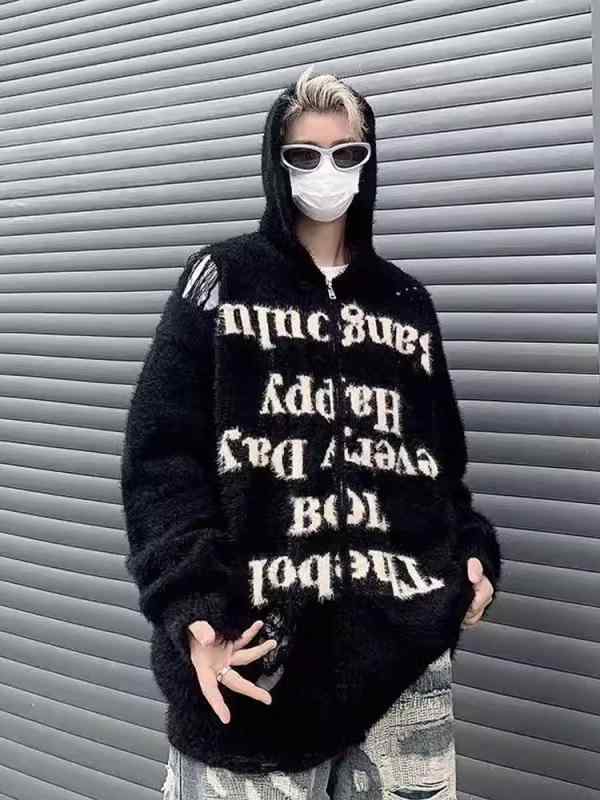 ニットカーディガン メンズ 男性用 冬季 厚手 フード付き ジップアップ ケーブル編み セーター 秋冬 黒 ブラック グレー カジュアル 普段使い