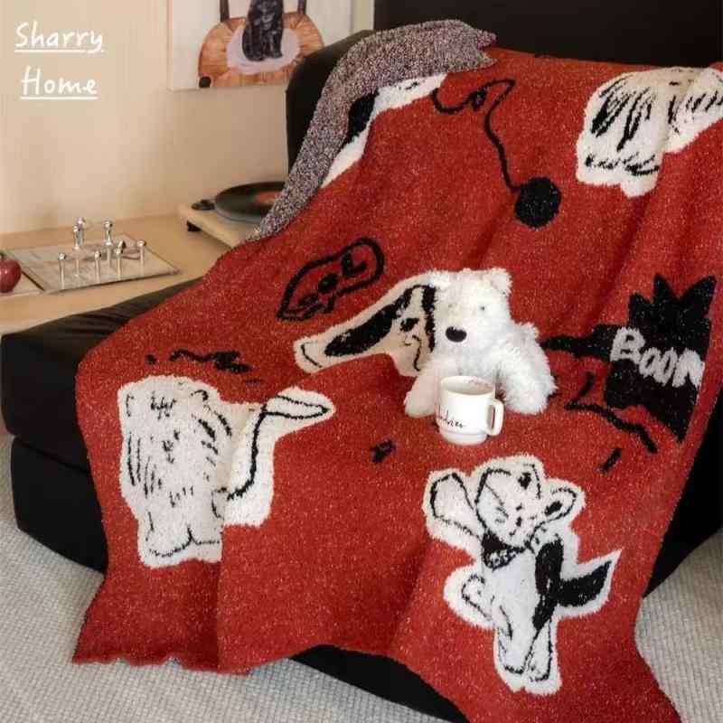 毛布 ブランケット 犬柄 赤色 125 165cm ポリエステル製 膝掛け 肩掛け 寝具 オフィス ソファ 車内 かわいい アニメ キャラクター 秋冬