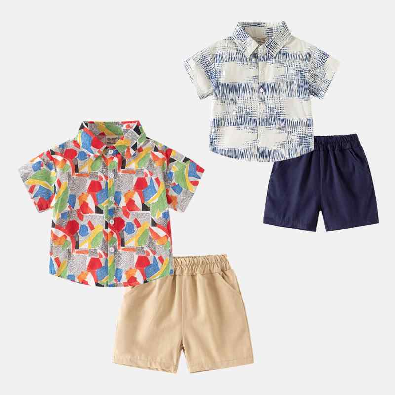 子供用半袖シャツ パンツ 2点セット 男児向けトップス 襟付き カジュアルシャツ ハーフパンツ 上下セット 薄手 綿100％ 90cm 100cm 110cm 120cm 130cm
