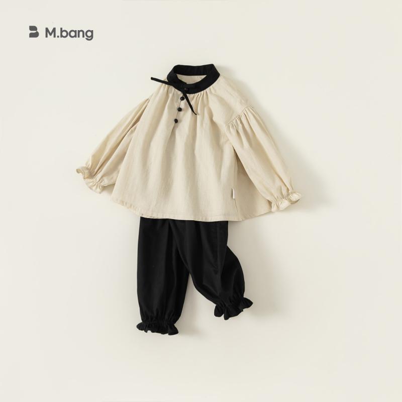 シャツ & ブラウス 子供服 女の子 長袖 トップス パンツ 上下セット 春秋 韓国風 おしゃれ かわいい 綿100% ベージュ ブラック 配色 80 90 100 110 120 130 140