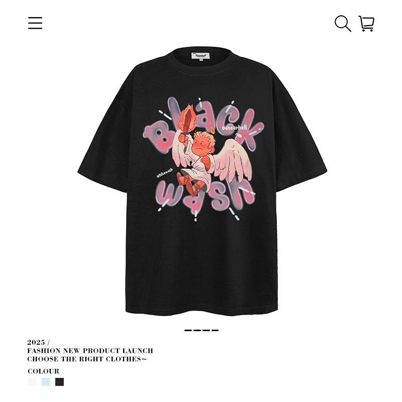 Tシャツ メンズ 男性用 半袖 コットン 天使プリント オーバーサイズ ゆったり カジュアル トップス カットソー ホワイト ブルー ブラック