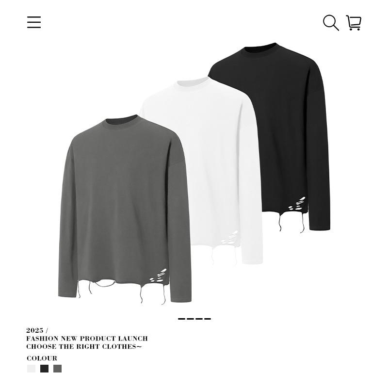 Tシャツ メンズ 長袖 コットン ダメージ加工 トップス ストリート系 カットソー 白 黒 グレー 春秋 ビッグシルエット