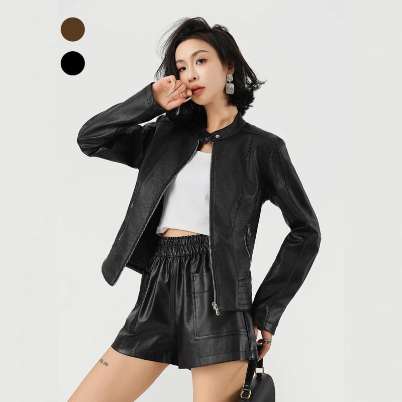 レディース レザー ジャケット ライダースジャケット 婦人服 秋冬 PUレザー フェイクレザー ブラック 黒色 コーヒー色 長袖 ショート丈 立襟 スリムフィット 普段使い