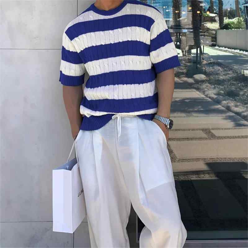 Tシャツ メンズ 半袖 ストライプ柄 ニット スリムフィット クルーネック 接触冷感 トップス 涼しい 普段使い サマー 薄手 ポリエステル 宝藍色 ブラック