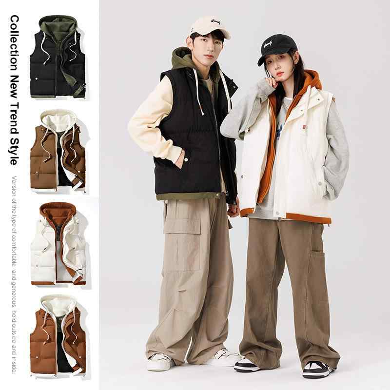 ダウンベスト メンズ 中学生 高校生 フェイクレイヤード フード付き ポリエステル 無地 秋冬 米白色 黒 ブラック コーヒー 焦糖色