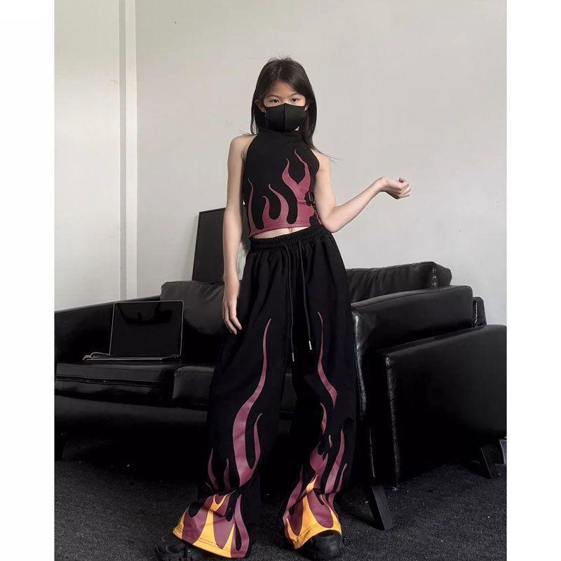 子供用セットアップ 女の子 ノースリーブトップス パンツ 2点セット ブラック系プリント 110cm~170cm 普段着 部屋着