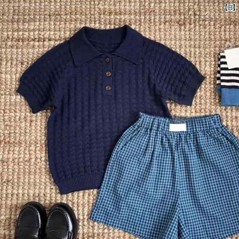 子供服 パンツセット キッズ 女の子 半袖ニット 格子柄ショートパンツ 2点セット サマーニット 通園着 通学着 ポリエステル かわいい ガールズ 上下セット 普段着