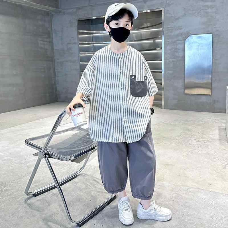 子供服 半袖Tシャツ 9分丈パンツ 2点セット 男の子 中大童 ボーイズ 夏 カジュアル 綿 ストライプ 薄手 ホワイト