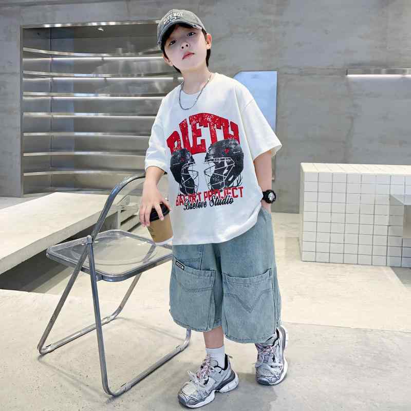 キッズ Tシャツ ショートパンツ 2点セット 男の子 子供服 デニム 春夏 綿65% 白色 個性
