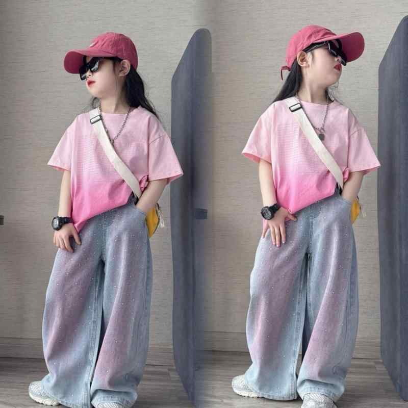 子供服 パンツ セットアップ 女の子 夏物 半袖 Tシャツ デニム ワイドレッグパンツ 2点セット ガールズ 普段着 かわいい おしゃれ 染め