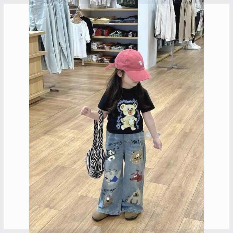 子供服 デニムパンツ 薄手 女の子 夏物 韓国風 プリント柄 ロングパンツ 長ズボン 女児 ガールズ 普段着 かわいい オシャレ 90 100 110 120 130 140