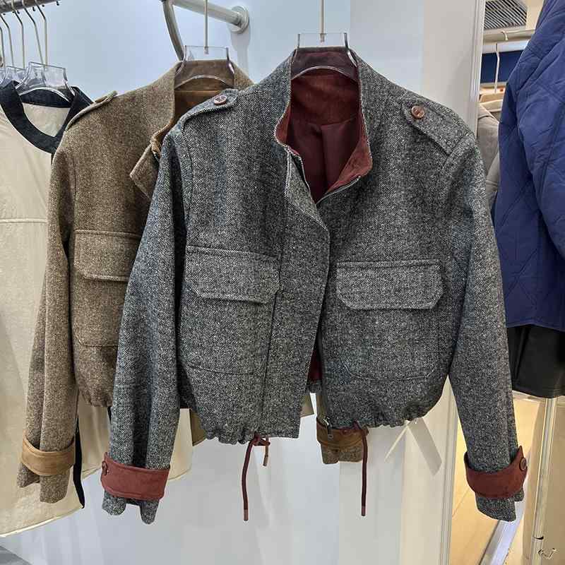 ジャケット レディース 秋冬 ショート丈 ゆったり 立襟 配色 アウター 上着 婦人服 ポリエステル 繊維 グレー ブラウン系