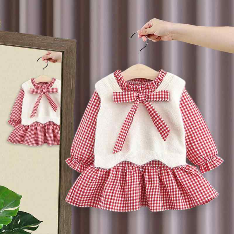 ワンピース 女児 ベビー服 ニットベスト付き 花柄 Aライン 春秋物 コットン かわいい おしゃれ 73 80 90 100cm