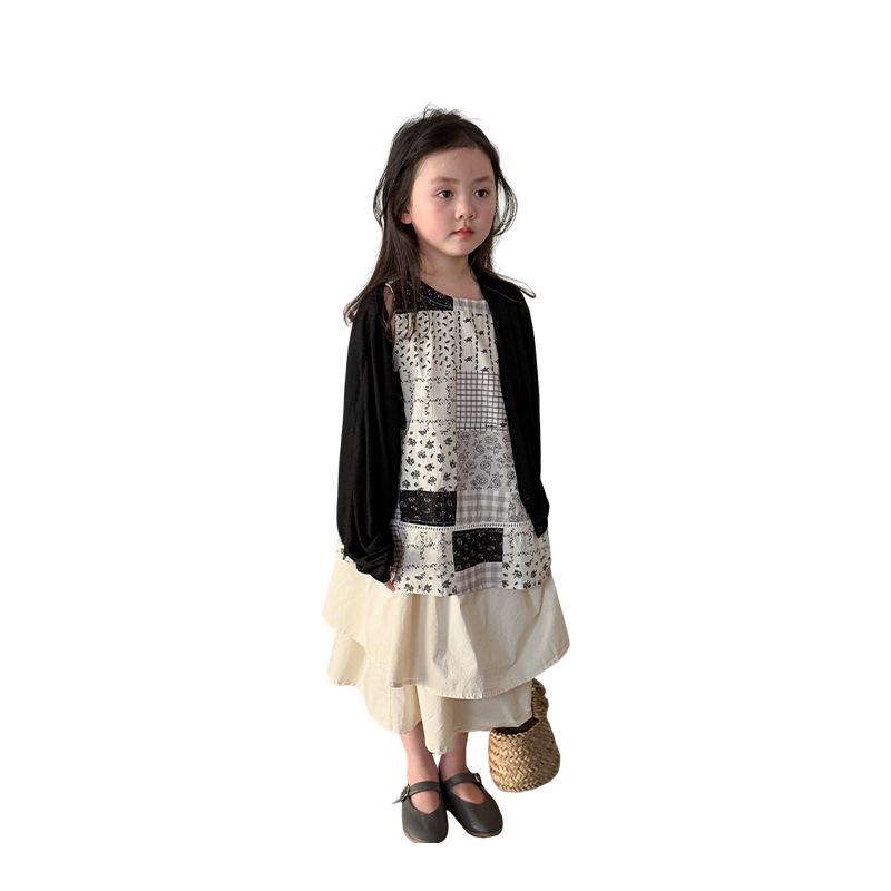 子供服 ガールズ 女の子 セットアップ 夏物 長袖 薄手 カーディガン ベスト スカート 上下セット 3点セット 配色 かわいい おしゃれ 普段着 韓国風