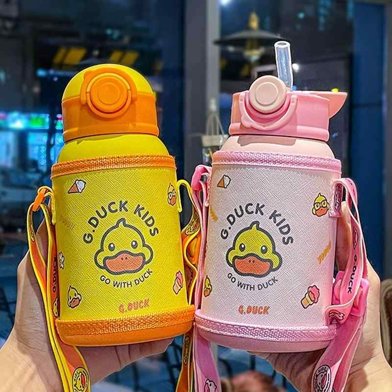 水筒 キッズ 子供用 316ステンレス ストロー 直飲み 保温 保冷 500ml かわいい 携帯用 イエロー
