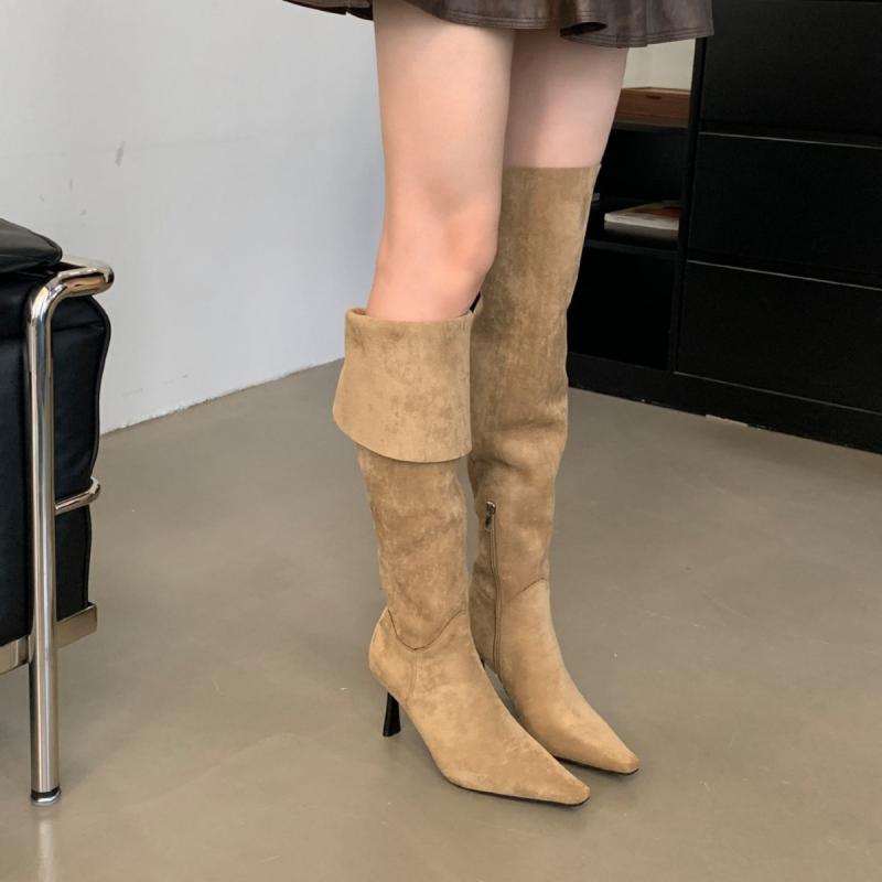 ブーツ レディース ニーハイブーツ ポインテッドトゥ ハイヒール スエードクロス サイドジップ 美脚 身たけ脹れ上がる 黒いこと ベージュ 駱駝 秋冬