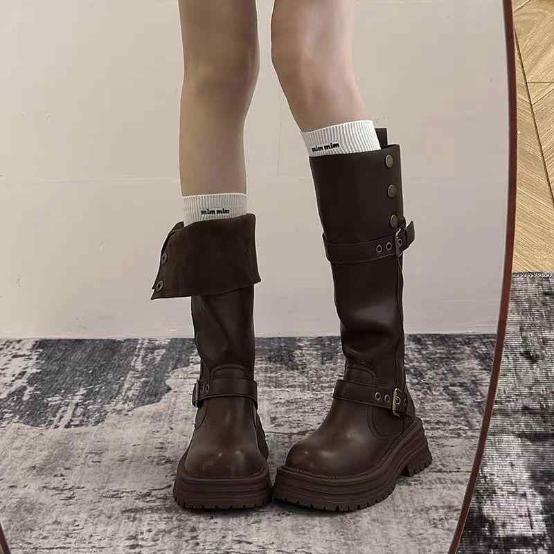 ブーツ レディース 2way ロングブーツ 厚底 ミドル丈 筒丈高め ラウンドトゥ レトロ 秋冬 黒 ブラック カーキ 耐摩耗