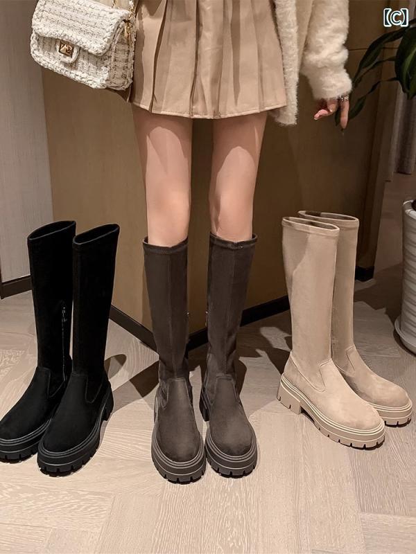 ブーツ レディース 厚底 ストレッチ ロングブーツ 膝下丈 チャンキーヒール スエード ラウンドトゥ 美脚 身長アップ 疲れない 歩きやすい 防水 滑り止め カジュアル 秋冬 黒 ベージュ ブラウン