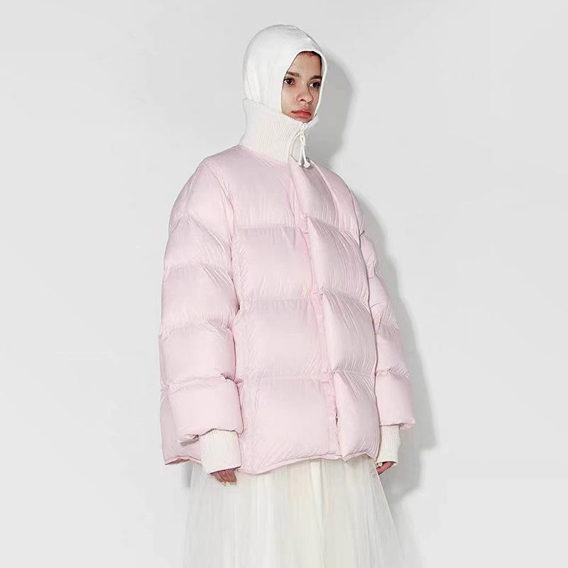 羽絨服 レディース ピンク系 ラウンドネック 中丈 厚手 ルーズ パフスリーブ ジャケット アウター ポリエステル あったか 秋冬