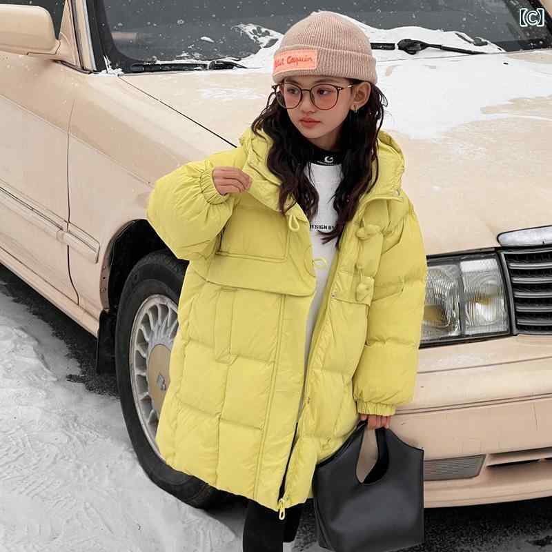 小わっぱ服 キッズ ガールズ 落ち込む上衣 落ち込む厚地の外套 中綿入り口・入口 前掛け アウター 中長丈 朦朦たる ボンネット付き添い人 110珊 120珊 130珊 140珊 150珊 160珊 さくら色 黒いこと 黄み 秋冬 コート・ジャケット-キッズ・ベビー・マタニティ