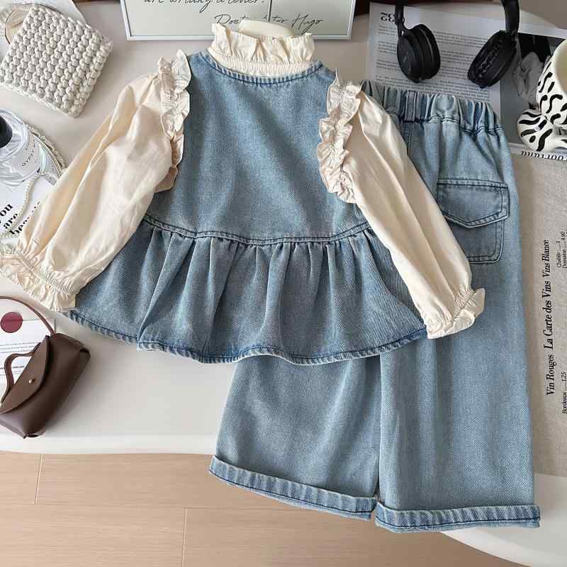 子供服 3点セット 女の子 春秋 デニム ベスト シャツ パンツ 韓国風 子供用 上下セット 普段着 おしゃれ着 4,806円