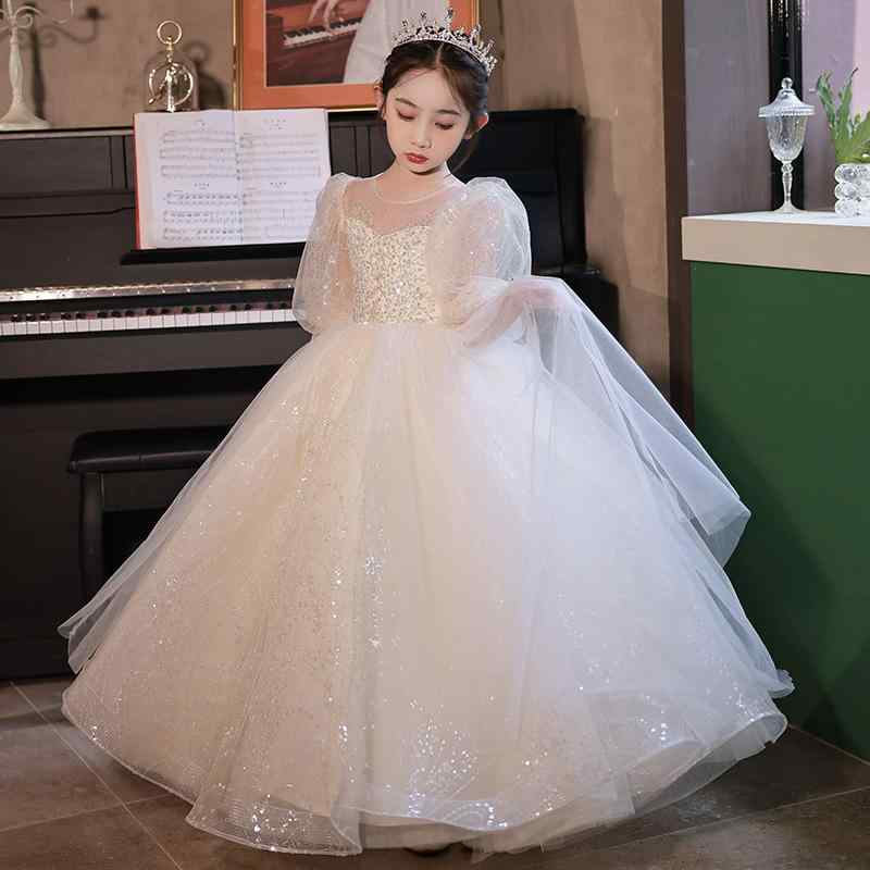 子供用フォーマルドレス ガールズ 花柄 プリンセスドレス ピアノ 発表会 演奏会 イベント 結婚式 パーティー 春夏 秋冬 シャンパンゴールド ショート丈 ロング丈