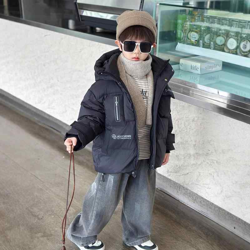 子供服 ダウンジャケット 男の子用 韓国風 厚手 防寒 アウター 白ダックダウン トップス 中小サイズ 無地 アルファベット柄 冬季 90cm 100cm 110cm 120cm 130cm 140cm 150cm ブラック|シャドーテール