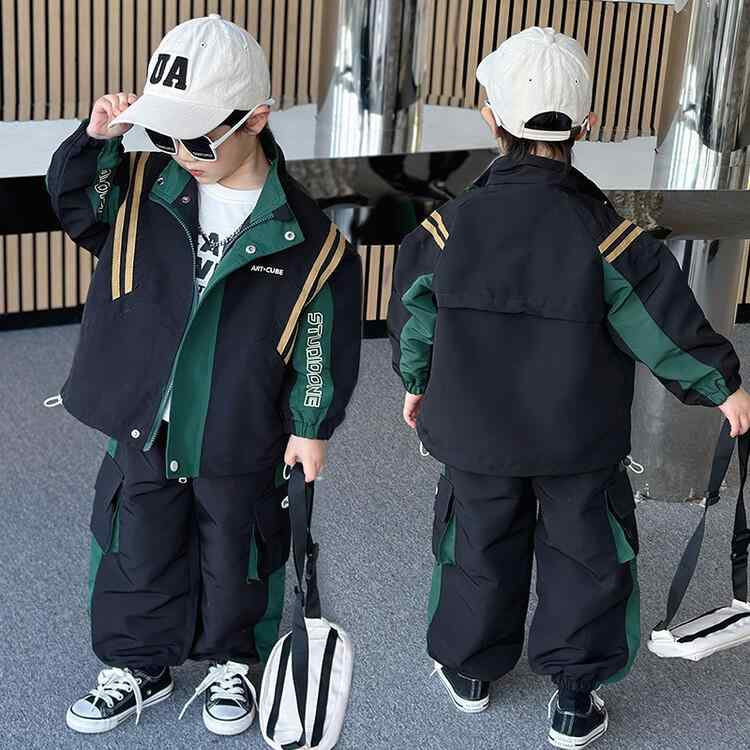 キッズ セットアップ 春秋 男の子 ボーイズ 子供服 長袖 長ズボン 2点セット ワークウェア風 カジュアル ブラック カーキ ポリエステル