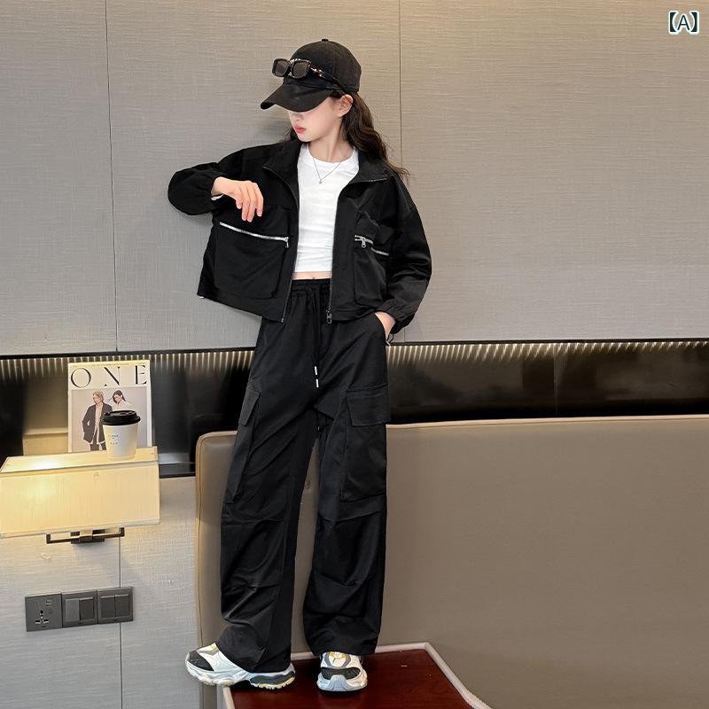 キッズ パンツスーツ 春秋物 女の子 子供服 ダンス ストリート系 普段着 長袖 トップス ズボン 上下 2点セット 綿混紡 ブラック系
