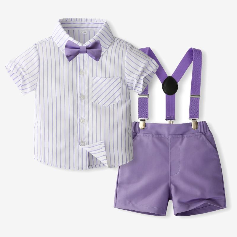 子供用フォーマルスーツ 3点セット（シャツ パンツ 蝶ネクタイ）男の子 ストライプ柄 コットン 春夏 英国風 結婚式 発表会