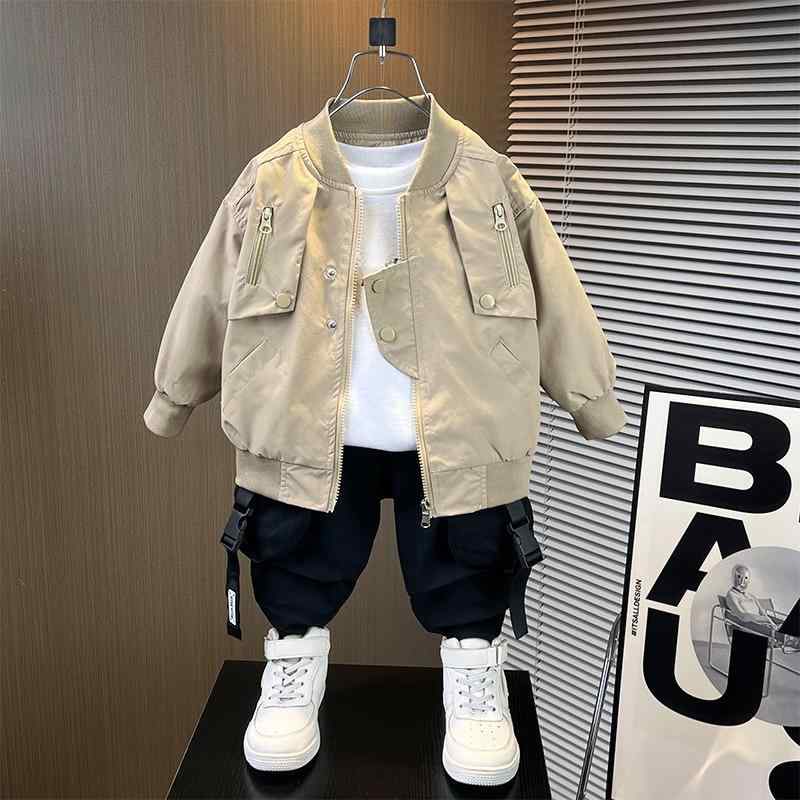 ジャケット キッズ 男の子 子供服 春秋用 ブルゾン ジャンパー アウター 3歳 4歳 5歳 6歳 7歳 8歳 無地 長袖 ポリエステル カーキ色 黒色