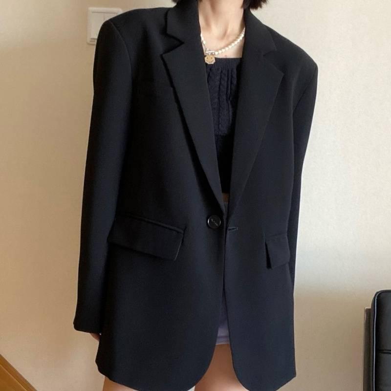 ジャケット レディース テーラード 韓国風 ポリエステル ゆったり ブラック グレー オフィス カジュアル 春秋