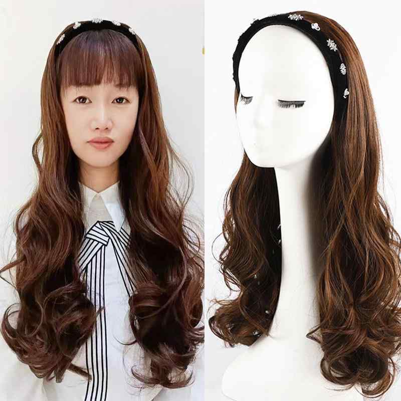 ヘアバンド レディース ロング カール ウィッグ 高温糸 取り外し可能 ハーフウィッグ 自然 黒髪 茶髪