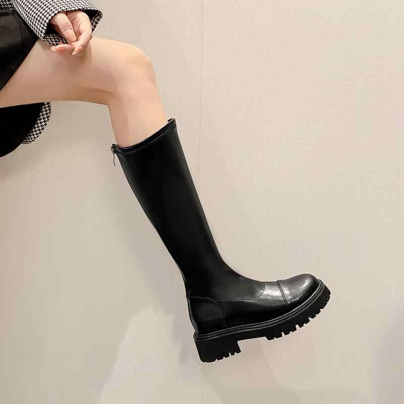 ブーツ レディース たわい無い大きさ 厚底 ロングブーツ ニーハイブーツ 6糎踵 チャンキーヒール 雨合羽 美脚 ラウンドトゥ 愛くるしげ 黒 秋冬