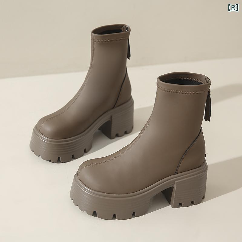 ブーツ レディース 厚底 ショートブーツ 本革 防水台付き ローヒール チャンキーヒール 黒 茶色 カーキ色 秋冬
