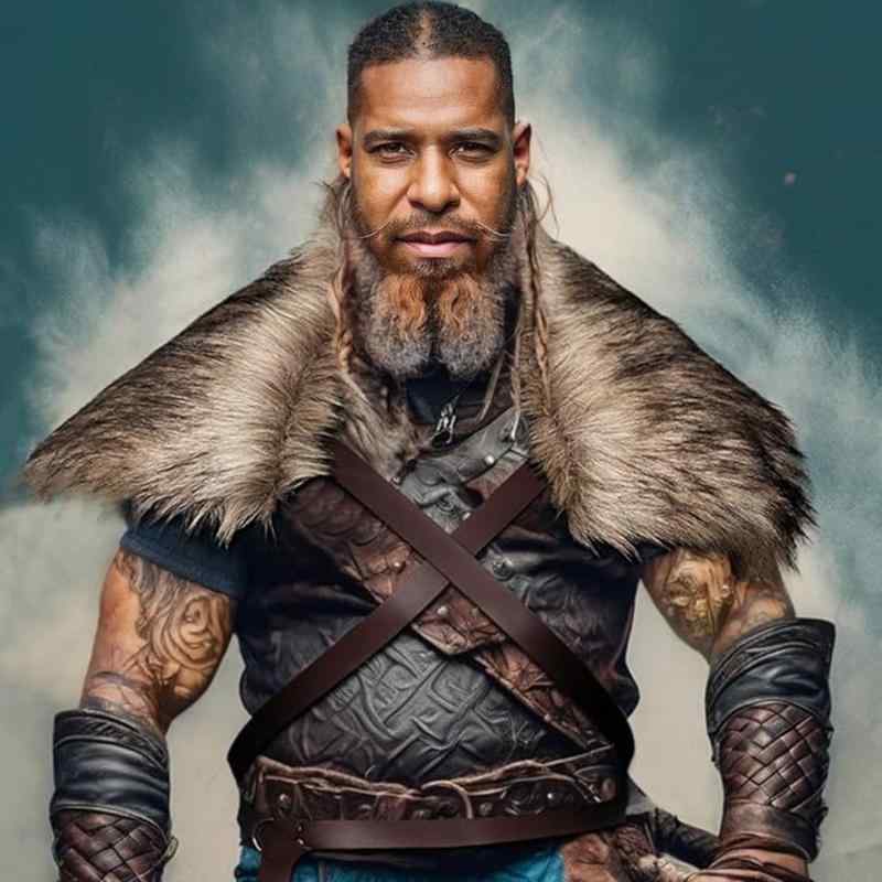 ショール メンズ バイキング 戦士風 フェイクファー 毛襟 中世 民族衣装 コスチューム 肩掛け ケープ 黒 ブラック 草色 腰ベルト付き 秋冬