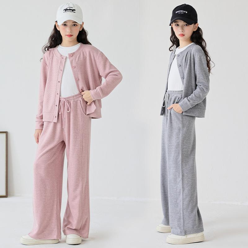キッズ 女の子 カーディガン 長袖 セットアップ 秋冬 カジュアル ワイドレッグパンツ 親子コーデ 綿 130 140 150 160 170 灰色 ピンク系