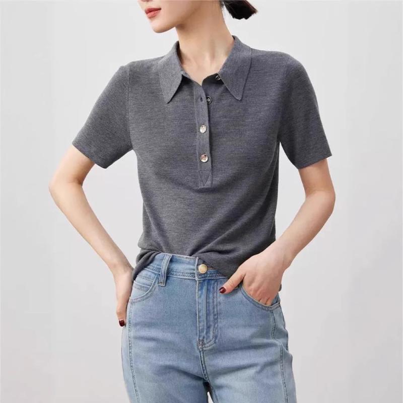 Tシャツ レディース 100%ウール POLO襟 ニット 半袖 トップス カットソー インナー スリム 通勤 ブラック ホワイト グレー レッド サマーニット｜シャドーテール