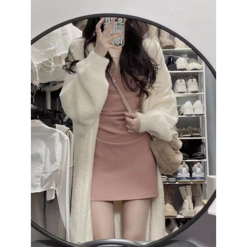 ニット カーディガン レディース Vネック ミンク カシミヤ ゆったり 厚手 ロング丈 ミディアム丈 アウター 秋冬 オフィス カジュアル 無地 アイボリー ピンク ブラック グレー