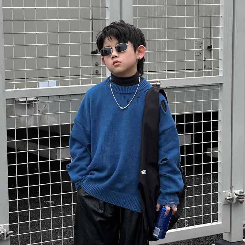 ニット・セーター キッズ 男の子 長袖 子供服 トップス 秋冬 綿 無地 破れ加工 100cm 110cm 120cm 130cm 140cm 150cm 160cm 碧海ブルー 黒