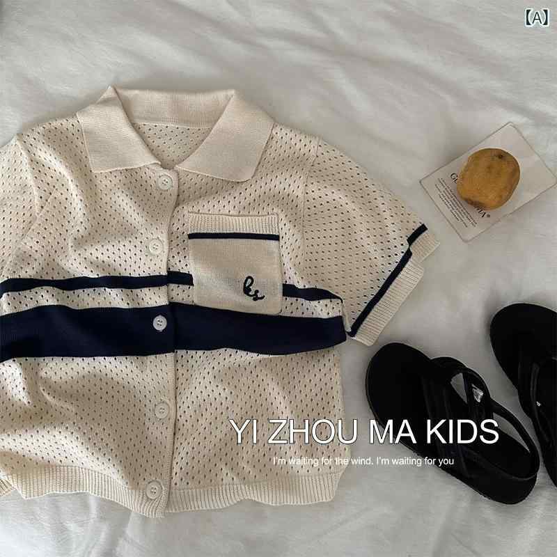 ニット キッズ 薄手 サマーニット ベビー 子供服 男の子 女の子 接触冷感 ポロシャツ メッシュ 半袖 米白色 紺色 ブラウン