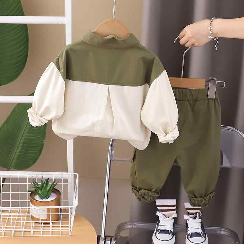 キッズ パンツスーツ 男の子 子供服 長袖シャツ ロングパンツ 上下セット 幼児 1歳 2歳 3歳 4歳 5歳 コットン 秋 ブラウン カーキ 配色 カジュアル