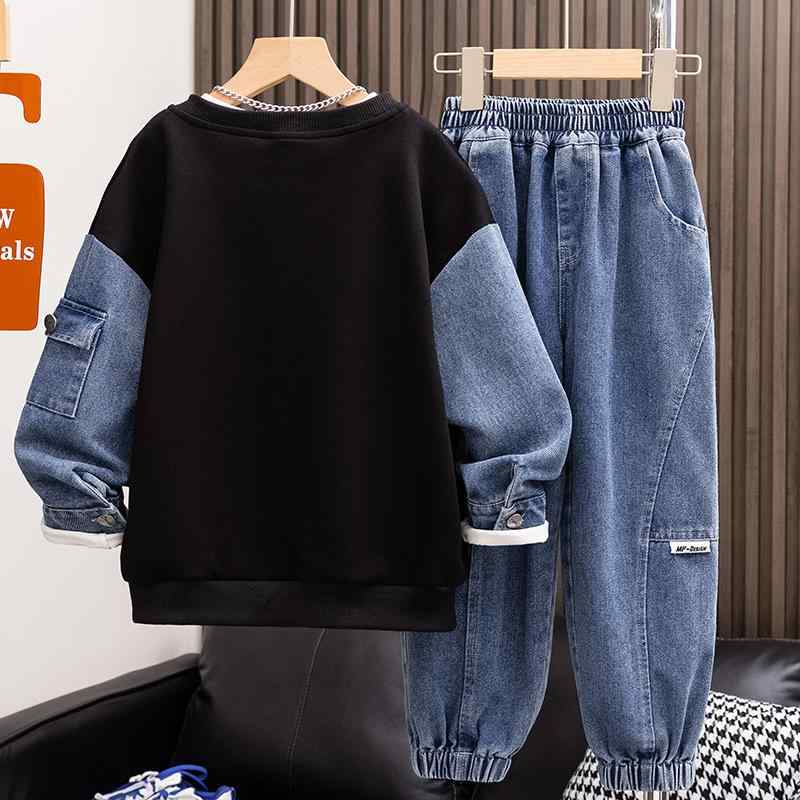 子供用デニムセットアップ：男の子 パッチワークデニムスウェット 長袖トップス ロングパンツ 春秋 B類 ブラック 120cm 130cm 140cm 150cm 160cm 170cm 180cm