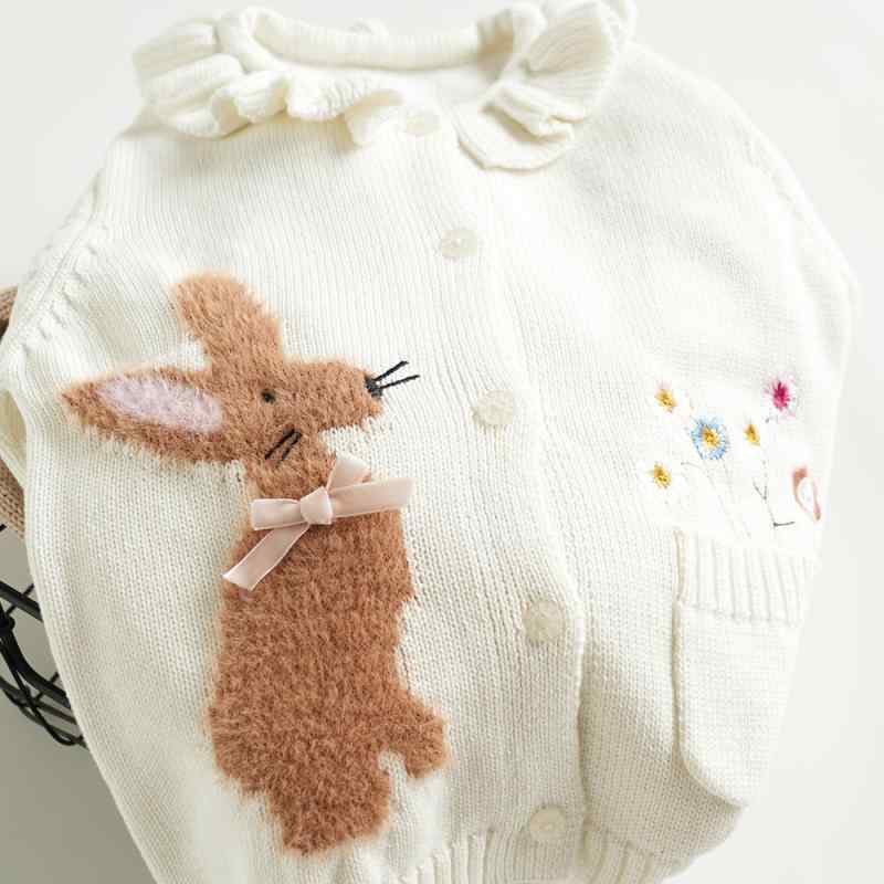 ニット・セーター キッズ 女の子 カーディガン 春秋 ベビー服 襟付き コットン 動物 花柄 かわいい 長袖 前開き 白色 アイボリー 90 100 110 120 130cm