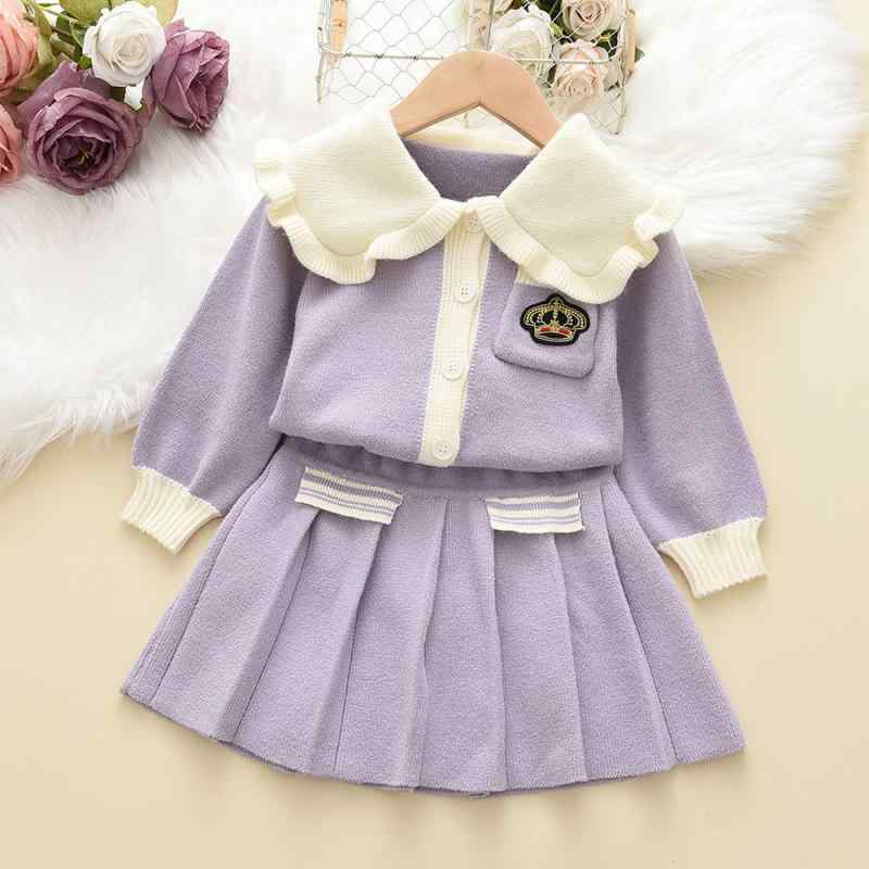 ニット キッズ 女の子 ニットカーディガン プリーツスカート セットアップ 秋冬 子供服 セーター 学院風 長袖 ピンク系 パープル
