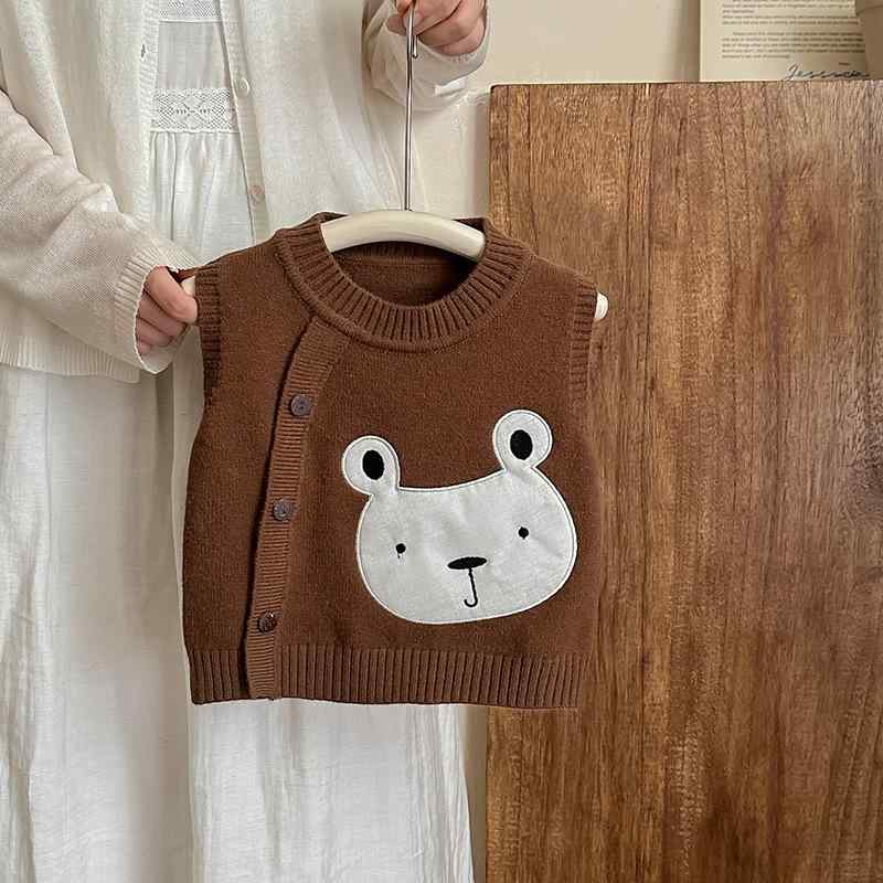 ニットベスト キッズ 男女兼用 ベビー 子供服 春秋 毛糸 セーター カーディガン かわいい カートゥーン柄 キャメル ブラウン